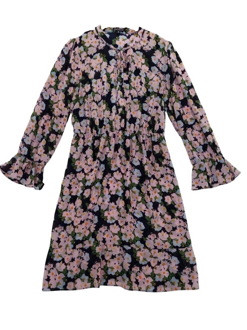 J. Crew Mercantile Navy Floral Print Long Sleeve Tie Neck Midi Dress Women's M